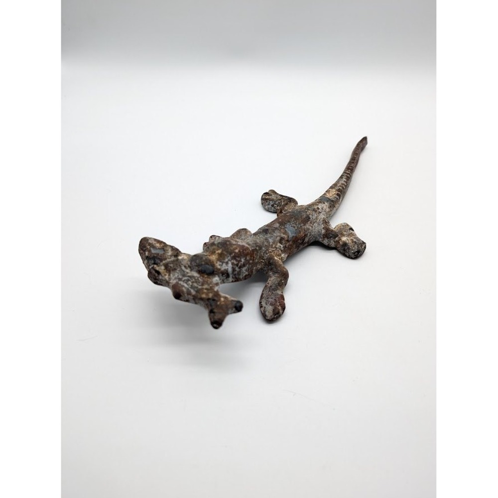 Antique Cast Iron Alligator Crocodile with Fish Doorstop Paperweight 10" Figural